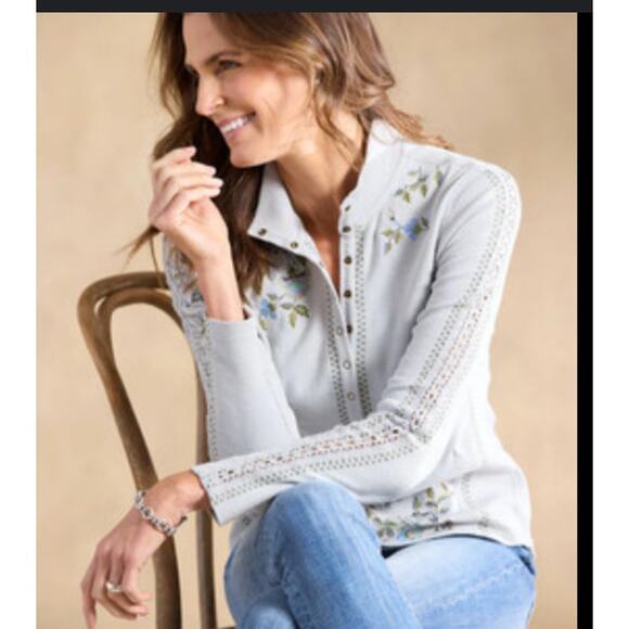 SUNDANCE Alpenwild Embroidered Thermal Henley Top Shirt Blue 100% Cotton Small - Picture 1 of 2